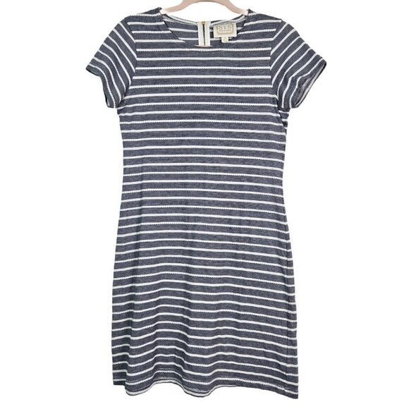 Sail to Sable Navy Blue/White Nautical Stripe Knit Short Sleeve Shift Dress M - Picture 1 of 6